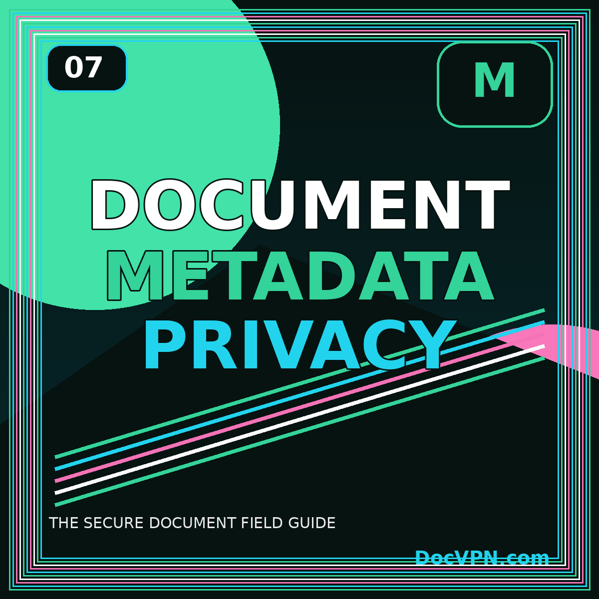 Neon typography card reading Document Metadata Privacy with layered file graphics