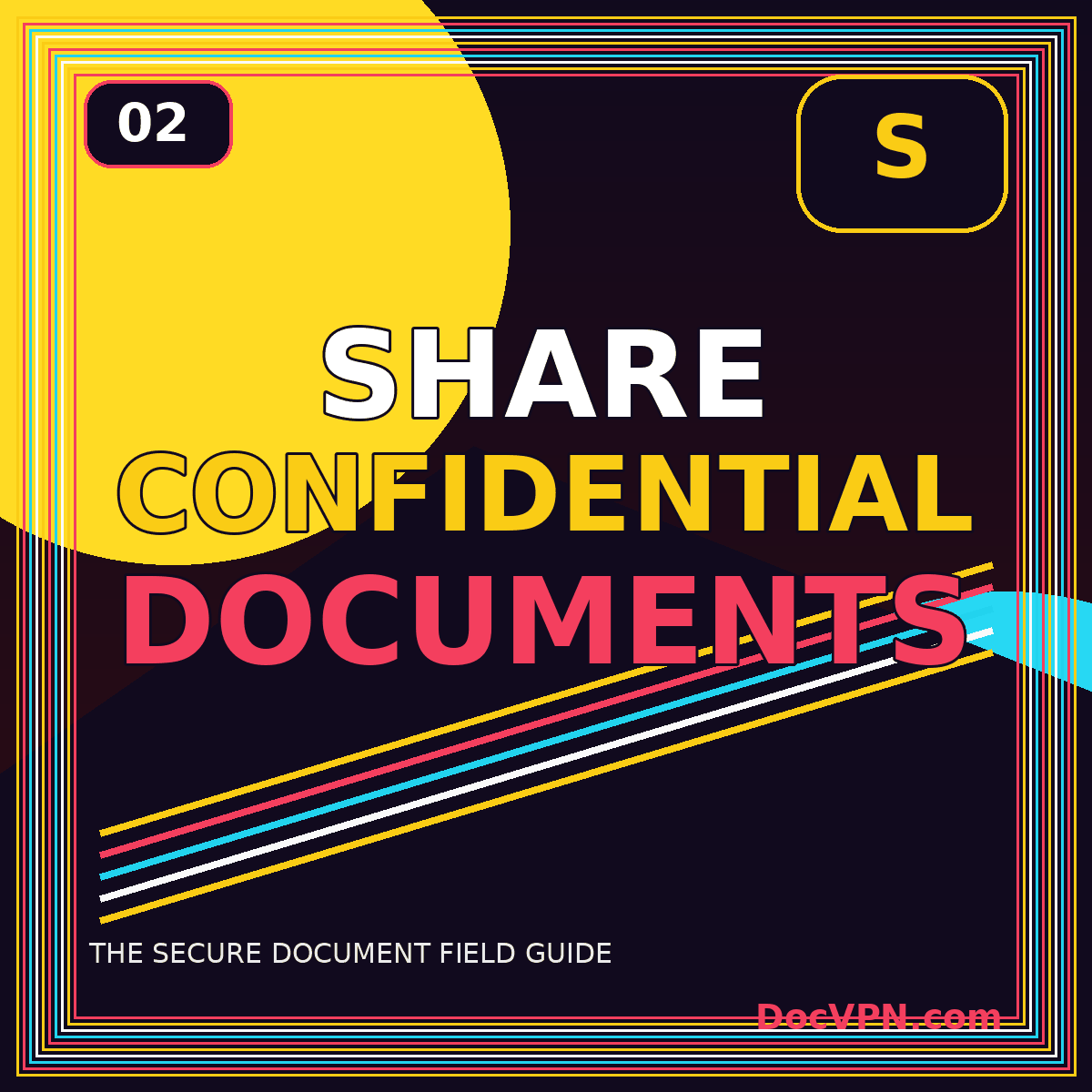 Neon typography card reading Share Confidential Documents Securely with lock and route graphics