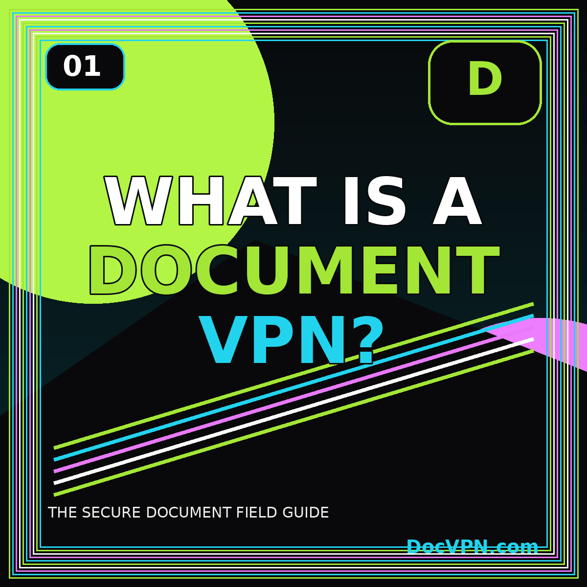 Neon typography card reading What Is a Document VPN with secure route graphics